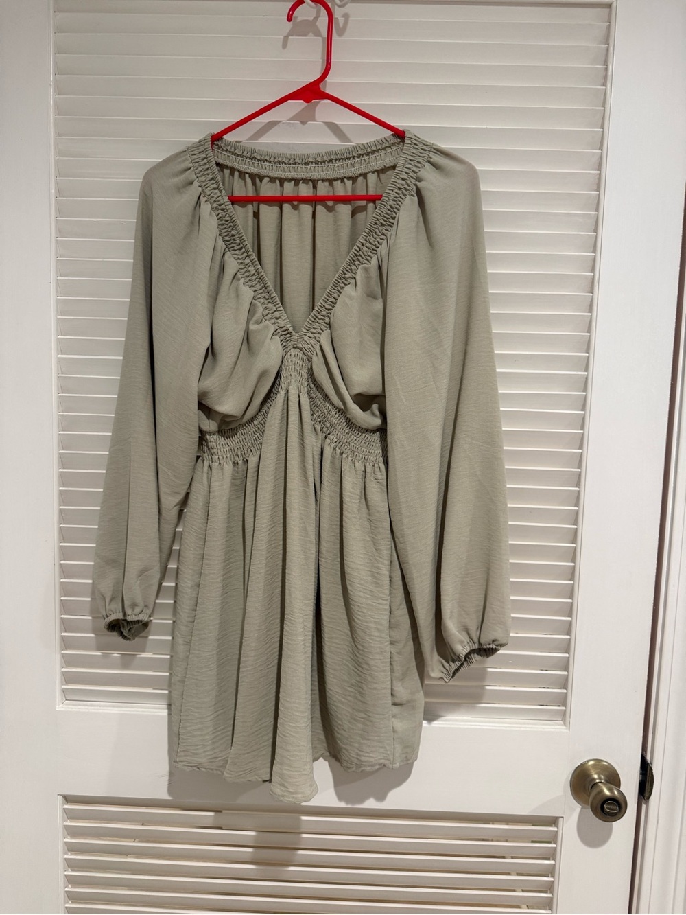 Women's Sage Green Long Sleeve Smocked Waist Mini Dress